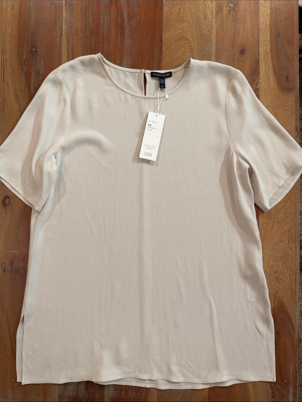 Eileen Fisher Silk Georgette Crepe Short-Sleeve Top in Bone NWT
